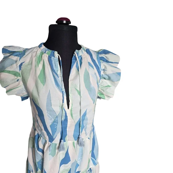 Blue & Green Flutter Sleeve Maxi Dress 100% Cotton Size S Coastal Cottagecore - Picture 9 of 11